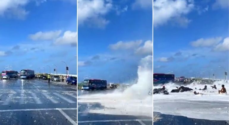 Vídeo: ondas gigantes arrastam banhistas e veículos em ponte