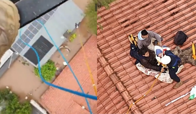 Vídeo: mulher e bebê são resgatados de telhado de casa após ciclone